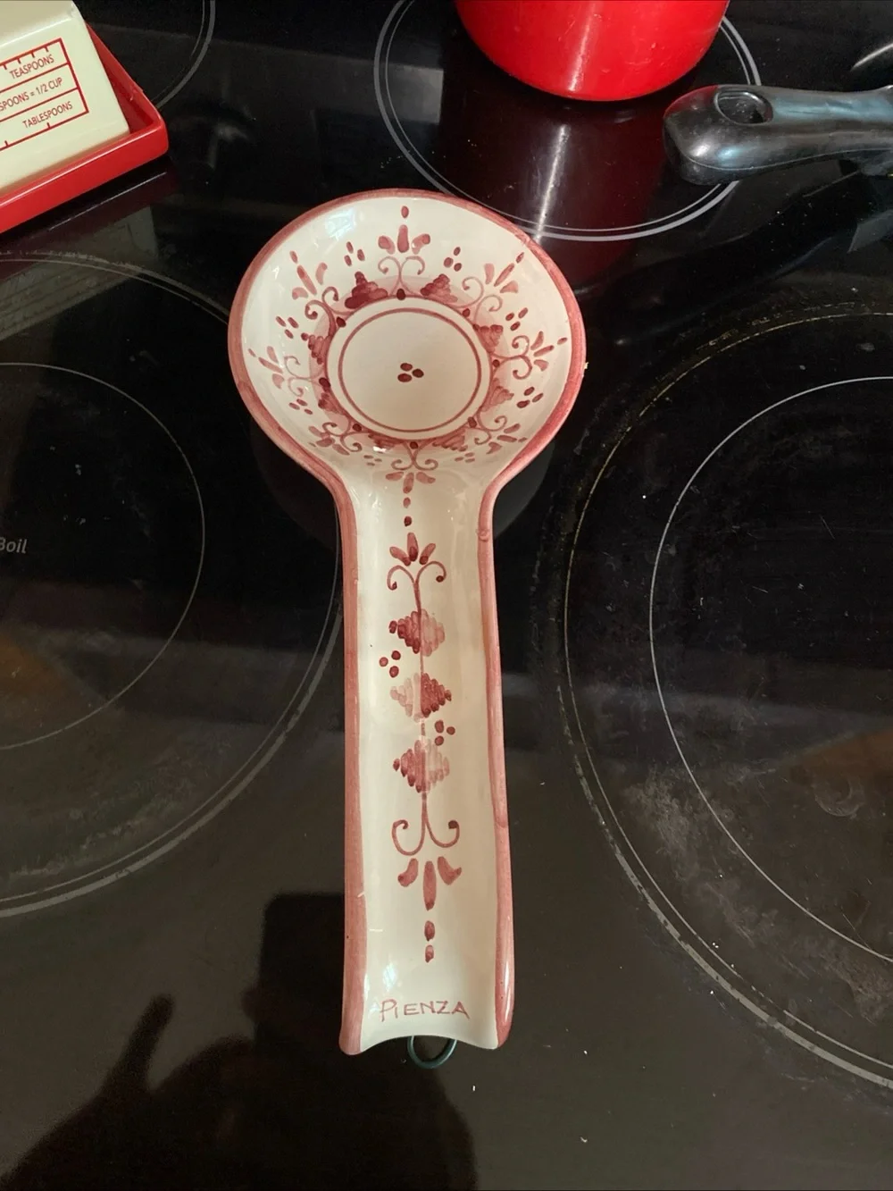 Ceramic Spoon Rest in Red Floral Accent